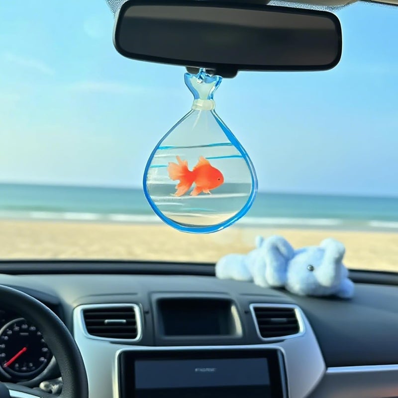 HongEast Goldfish in A Bag Car Charm,Cute Goldfish Car Hanging Ornament Pendant,Summer Fish Beach Decor Rear View Mirror Accessories for Women Men - Image 1